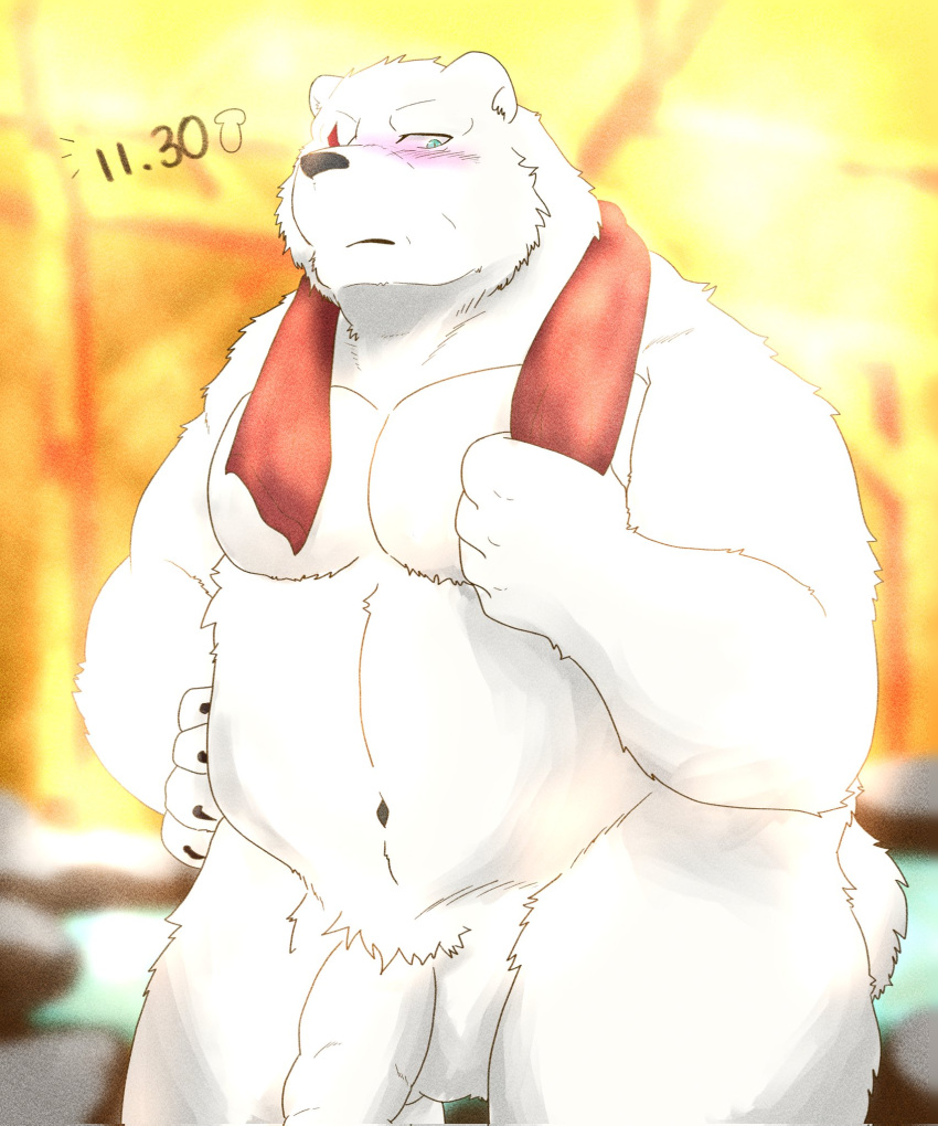 2021 anthro balls black_nose blush crushfang_(sdorica_sunset) flaccid fur genitals hi_res humanoid_genitalia humanoid_hands humanoid_penis kemono male mammal moobs naku469m navel overweight overweight_male penis polar_bear scar sdorica sdorica_sunset solo towel towel_around_neck ursid ursine white_body white_fur