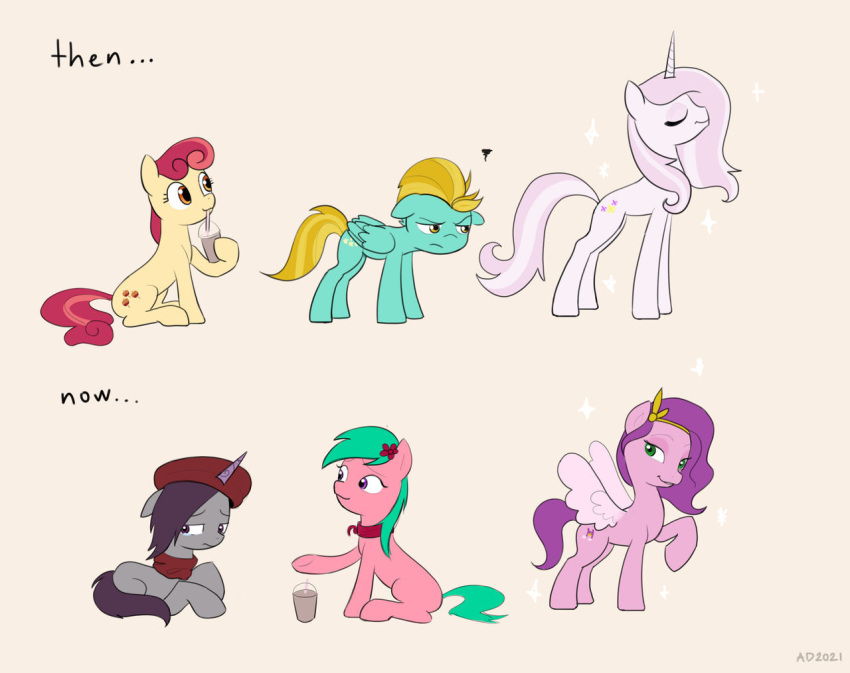 2021 accessory apple_bumpkin_(mlp) bodily_fluids clothing crying cutie_mark dahlia_(mlp) ddenver digital_media_(artwork) drinking earth_pony equid equine eyes_closed feathered_wings feathers female feral fleur_de_lis_(mlp) friendship_is_magic frown fur gloomy_sonnet_(mlp) group hair hair_accessory hasbro hat headgear headwear hooves horn horse lightning_dust_(mlp) mammal milkshake mlp_g5 my_little_pony pegasus pipp_petals_(mlp) pony scarf simple_background smile tears teary_eyes text unicorn wings