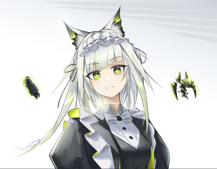 1girl animal_ear_fluff animal_ears arknights artist_name black_jacket black_ribbon blunt_bangs bow bowtie buttons cat_ears cat_girl closed_mouth commentary diagonal_bangs doctor_(arknights) english_commentary frills green_hair grey_background grey_hair highres jacket long_hair looking_at_viewer maid mon3tr_(arknights) mon3tr_(summon)_(arknights) multicolored_hair official_alternate_costume portrait ribbon shirt solo split_mouth streaked_hair traditional_bowtie white_background white_bow white_bowtie white_shirt zobnuy