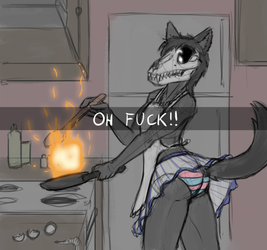 anthro apron black_body black_fur black_hair bone bottomwear butt canid canine canis clothed clothing cooking cookware crossdressing english_text fire frying_pan fur girly hair inside kitchen kitchen_utensils looking_at_viewer male maleo malo mammal mask panties panty_shot profanity raised_bottomwear raised_clothing raised_skirt scp-1471 scp-1471-a scp_foundation skirt skull skull_face skull_mask solo teeth text tools underwear victordantes wolf