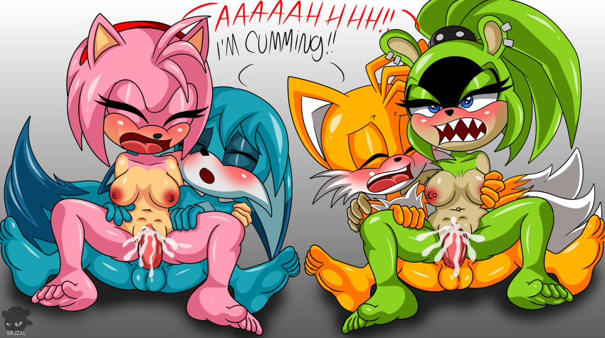 absurd_res afrosoricid ahegao ambiguous_fluids amy_rose anthro balls blue_body blue_eyes blue_fur bodily_fluids breasts canid canine cum cum_in_pussy cum_inside ear_piercing ejaculation eulipotyphlan eyes_closed feet female fennec fox fur genital_fluids genitals green_body green_eyes green_fur group group_sex hair half-closed_eyes hand_on_breast hedgehog hi_res humanoid idw_publishing kitsunami_the_fennec looking_pleasured male male/female mammal miles_prower narrowed_eyes nipple_piercing nipples nude open_mouth orgasm orgasm_face orgy penetration penis piercing pink_body pink_fur pink_hair pinup pose purple_eyes pussy sega sex sharp_teeth sirjzau sitting_on sonic_the_hedgehog_(comics) sonic_the_hedgehog_(idw) sonic_the_hedgehog_(series) spread_legs spreading surge_the_tenrec teeth tenrec text tongue tongue_out vaginal vaginal_penetration video_games yellow_body yellow_fur