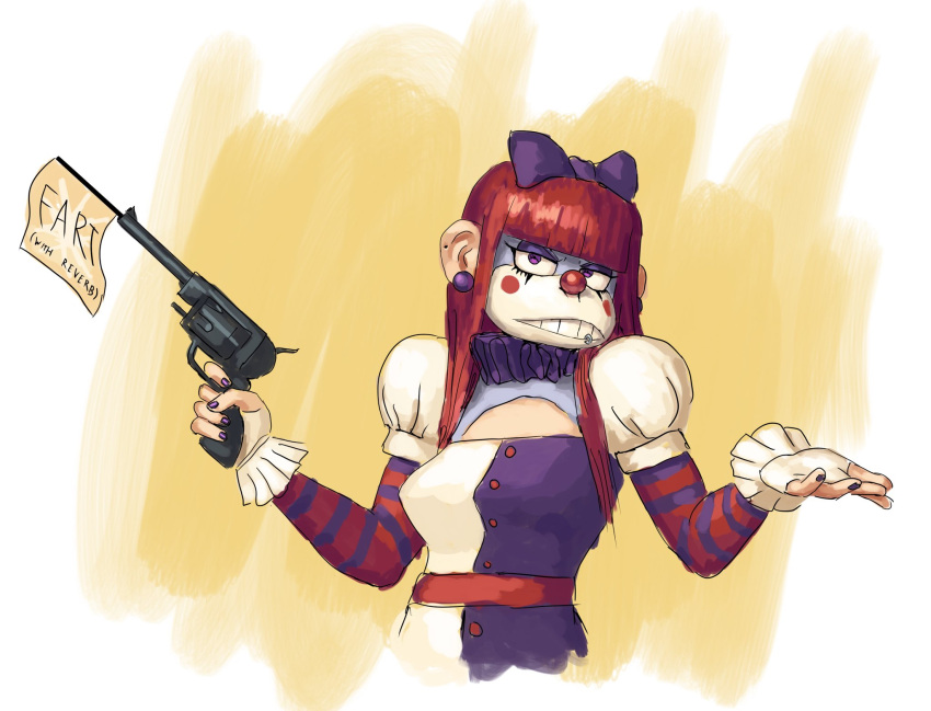 2021 accessory anthro beth_(redustheriotact) clown clown_nose female gun hair hair_accessory hair_bow hair_ribbon handgun haplorhine hi_res mammal monkey pistol primate ranged_weapon red_hair redustheriotact ribbons shrug solo weapon