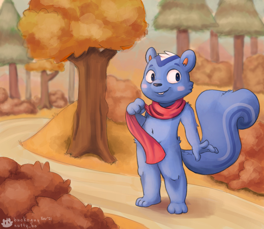 animal_crossing anthro blue_body blue_fur blush buckoguy clothed clothing convenient_censorship detailed_background digital_media_(artwork) exhibitionism filbert_(animal_crossing) forest fur hi_res male mammal nintendo nude outside plant public public_nudity rodent scarf sciurid smile solo tree tree_squirrel video_games