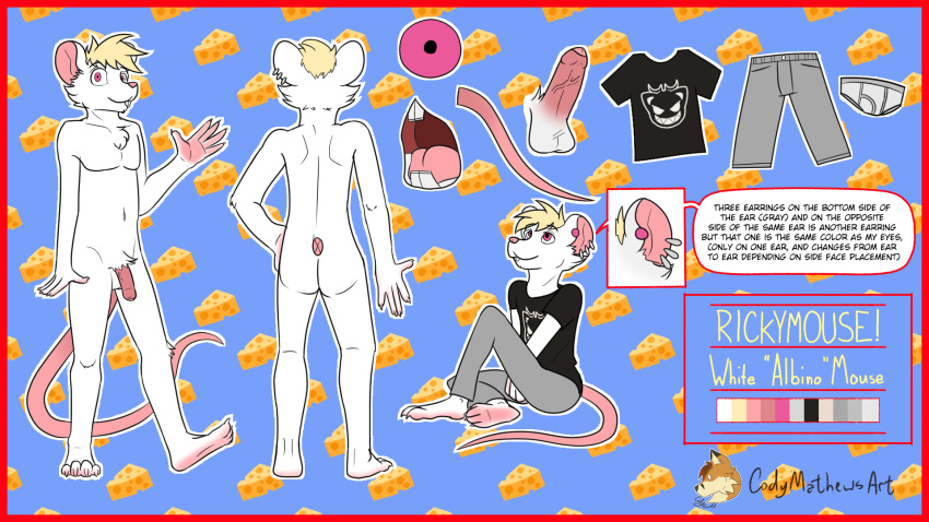 16:9 albino albino_mouse anthro balls border cheese clothed clothing codymathews dairy_products digital_media_(artwork) ear_piercing erection food fur genitals hair hi_res humanoid_genitalia male male/male mammal model_sheet mouse murid murine nude open_mouth penis piercing red_border red_eyes rickymouse rodent scratch21 simple_background slim smile white_body white_fur white_mouse widescreen