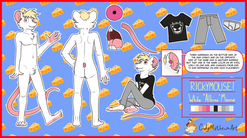 16:9 albino albino_mouse anthro border cheese clothed clothing codymathews dairy_products digital_media_(artwork) ear_piercing food fur hair hi_res male male/male mammal model_sheet mouse murid murine piercing red_border rickymouse rodent scratch21 simple_background slim white_body white_fur white_mouse widescreen