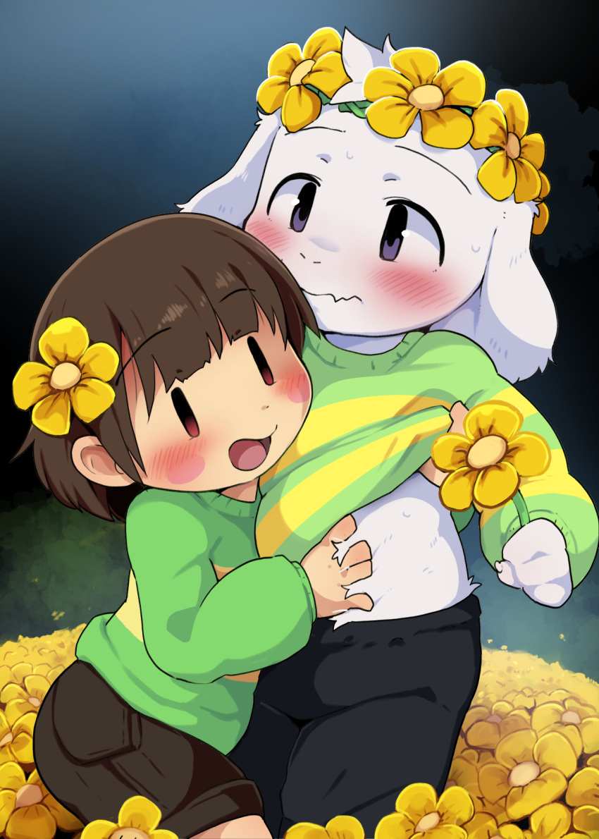 2021 anthro asriel_dreemurr blush bodily_fluids bovid caprine chara_(undertale) clothed clothing clothing_lift dagasi duo flower flower_bed fluffy goat hi_res human male mammal plant shirt shirt_lift slightly_chubby sweat topwear undertale undertale_(series) video_games young