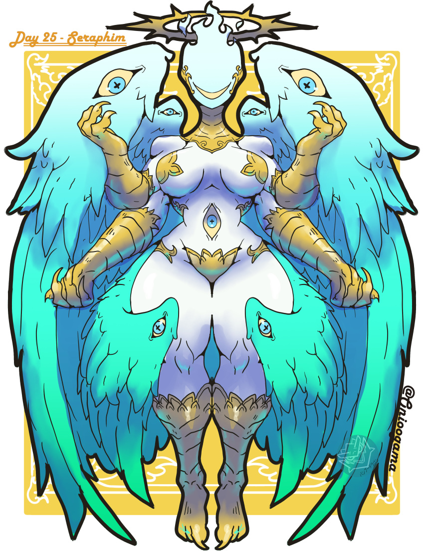2021 3_toes 4_arms 4_toes absurd_res angel bangboodoragon bird_feet bird_legs blue_eyes breasts clothed clothing cross_pupils eye_on_belly eyeless_face eyes_on_wings feet female halo hi_res humanoid medium_breasts monster monster_girl_(genre) monster_girl_challenge multi_arm multi_limb pasties pupils scuted_arms seraphim_(angel) skimpy smile solo symbol-shaped_pupils thick_thighs toes unusual_anatomy unusual_pupils white_body white_skin yellow_sclera