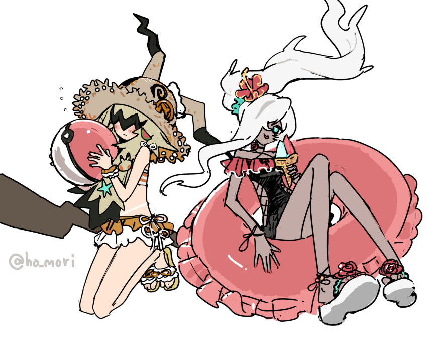 2girls :p aqua_eyes bikini bikini_skirt black_one-piece_swimsuit black_streaks blonde_hair blush colored_tips commentary darkrai flower food frilled_innertube frills hair_over_one_eye harurie hat highres humanization ice_cream inflatable_toy innertube knees_together_feet_apart long_hair medium_hair mimikyu multicolored_hair multiple_girls one-piece_swimsuit poke_ball pokemon ribbon rose sandals seiza sidelocks single_sidelock sitting streaked_hair sun_hat swim_ring swimsuit tongue tongue_out untranslatable_commentary wavy_hair white_hair white_sandals yellow_sandals