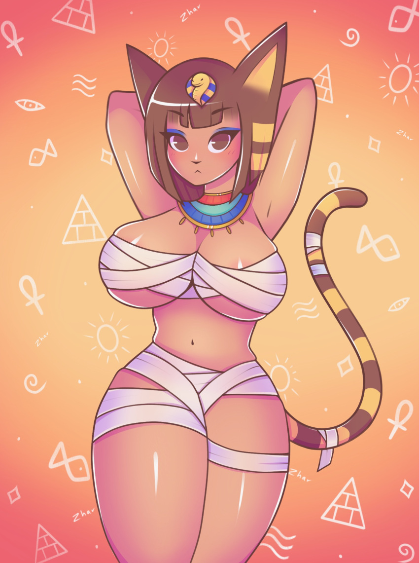 animal_crossing animal_humanoid ankha_(animal_crossing) areola areola_slip armpit_worship breast_squish breasts brown_eyes brown_hair cat_ear cat_humanoid cat_tail clothing dark_body dark_skin egyptian egyptian_clothing felid felid_humanoid feline feline_humanoid female fur hair hi_res human humanoid mammal mammal_humanoid markings mummy_wrappings nintendo solo squish striped_markings striped_tail stripes tail_markings tan_body thick_thighs video_games yellow_body yellow_fur zharxart