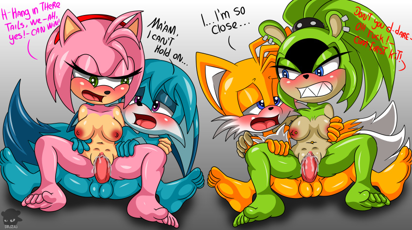 absurd_res afrosoricid ambiguous_fluids amy_rose anthro balls blue_body blue_eyes blue_fur breasts canid canine ear_piercing eulipotyphlan feet female fennec fox fur genitals green_body green_eyes green_fur group group_sex hair half-closed_eyes hand_on_breast hedgehog hi_res humanoid idw_publishing kitsunami_the_fennec male male/female mammal miles_prower narrowed_eyes nipple_piercing nipples nude open_mouth orgasm_face orgy penetration penis piercing pink_body pink_fur pink_hair pinup pose purple_eyes pussy sega sex sharp_teeth sirjzau sitting_on sonic_the_hedgehog_(comics) sonic_the_hedgehog_(idw) sonic_the_hedgehog_(series) spread_legs spreading surge_the_tenrec teeth tenrec text tongue tongue_out vaginal vaginal_penetration video_games yellow_body yellow_fur