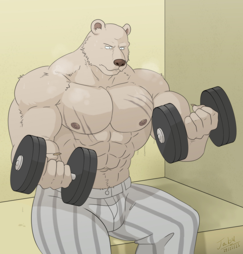 abs absurd_res anthro beastars biceps bodily_fluids bottomwear brown_bear brown_nose chest_scar claws clothing exercise grey_bottomwear grey_clothing grey_pants hi_res jabuhusky male mammal muscular muscular_anthro muscular_male nipples pants pecs riz_(beastars) scar shirtless simple_background sitting solo sweat sweatdrop tufted_fur ursid ursine weightlifting workout