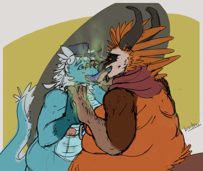 accipitriform anthro avian bird burial_(artist) clothing dragon duo foot_hands footpaw_hands hat headgear headwear horn kissing long_tongue male male/male nude plantigrade slightly_chubby smelly smelly_feet tongue vulture