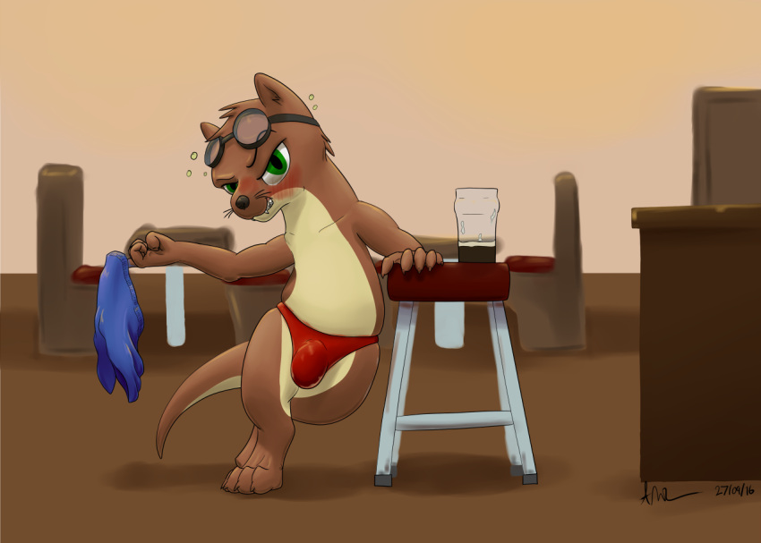 alcohol anthro bar barstool beverage black_nose blush brown_body bryce_daeless bulge clothing countershading doesnotexist drunk green_eyes looking_at_viewer lutrine male mammal mustelid panties paws solo substance_intoxication tan_body underwear