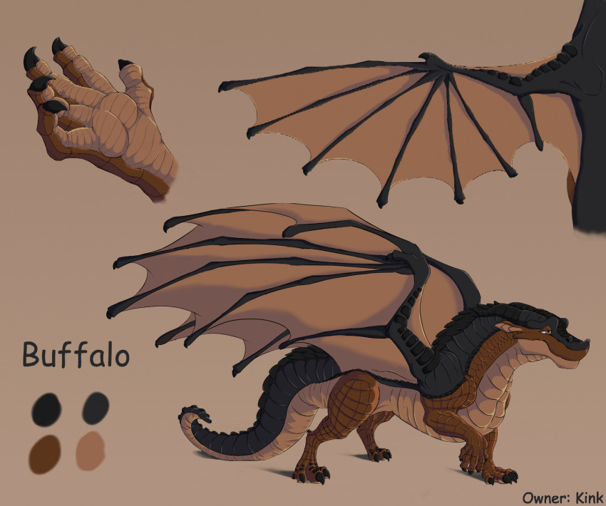 brokenscales brown_body buffalo_(kink) close-up dragon feral hi_res male model_sheet mudwing_(wof) pose smile solo spread_wings wings wings_of_fire