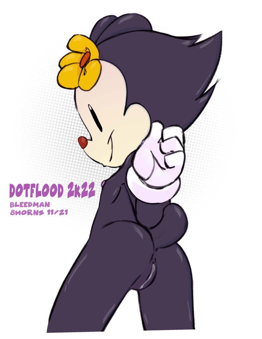 2021 absurd_res accessory animaniacs anthro anus black_body black_eyes bleedman bodily_fluids butt clothing cum cum_in_pussy cum_inside dated dot_warner female flat_chested flower flower_in_hair genital_fluids genitals glistening glistening_body glistening_butt glistening_hair glistening_tail gloves hair hair_accessory handwear hi_res inkblot looking_back mammal mostly_nude nipples pattern_background plant pussy raised_tail red_nose short_tail signature simple_background smile solo standing text warner_brothers white_background white_body white_clothing white_gloves white_handwear young