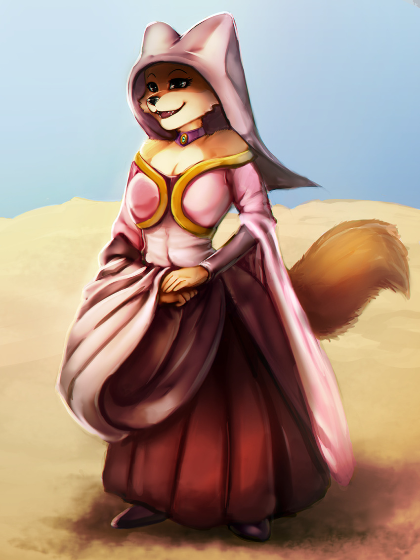 3:4 anthro black_nose breasts brown_body brown_fur canid canine choker clothing day desert disney dress female footwear fox fur general-irrelevant hi_res jewelry maid_marian mammal necklace outside robin_hood_(disney) shoes smile solo standing