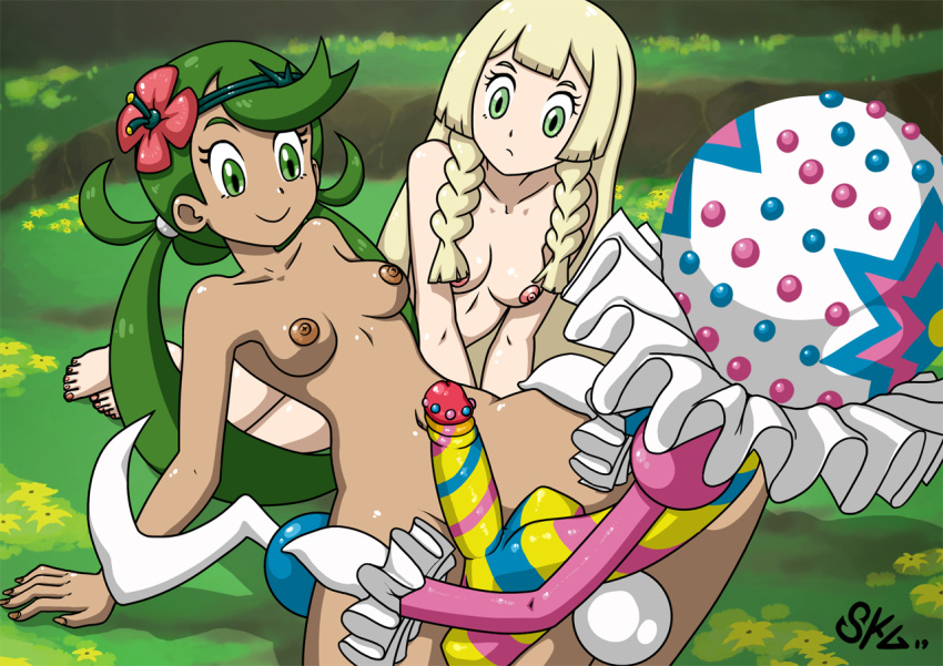 5_fingers 5_toes accessory blacephalon blonde_hair breasts completely_nude erect_nipples erection feet female fingers frown gravelurkertsk green_eyes green_hair group hair hair_accessory human human_on_humanoid humanoid interspecies lillie_(pok&eacute;mon) looking_at_another male male/female mammal multicolored_body nintendo nipples not_furry pok&eacute;mon pok&eacute;mon_(species) smile toes trial_captain_mallow ultra_beast video_games