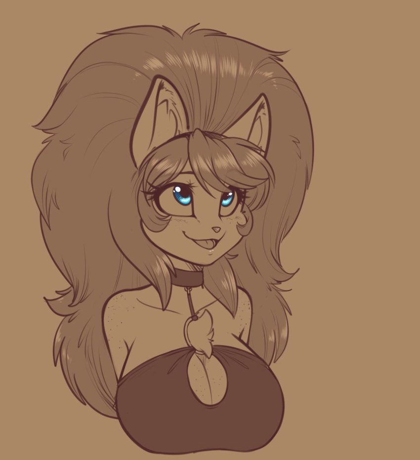 2021 anthro blue_eyes breasts chest_tuft cleavage cleavage_cutout clothed clothing collar domestic_cat eris_(scorpdk) eyebrow_through_hair eyebrows eyelashes felid feline felis female hair hi_res inner_ear_fluff mammal o-ring o-ring_collar open_mouth open_smile scorpdk smile solo topwear translucent translucent_hair tuft