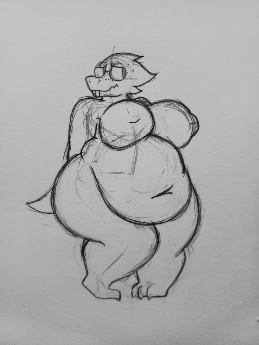 3:4 alphys anthro belly big_belly big_breasts breasts buckteeth claws deep_navel eyewear female freckles front_view glasses hands_behind_back hi_res huge_breasts huge_thighs lizard looking_aside looking_away love_handles monochrome navel nipples non-mammal_breasts non-mammal_nipples nude obese obese_anthro obese_female overweight overweight_anthro overweight_female pigeon_toed potatochip_(artist) reptile scalie simple_background standing teeth thick_tail thick_thighs three-quarter_view undertale_(series) wavy_mouth wide_hips
