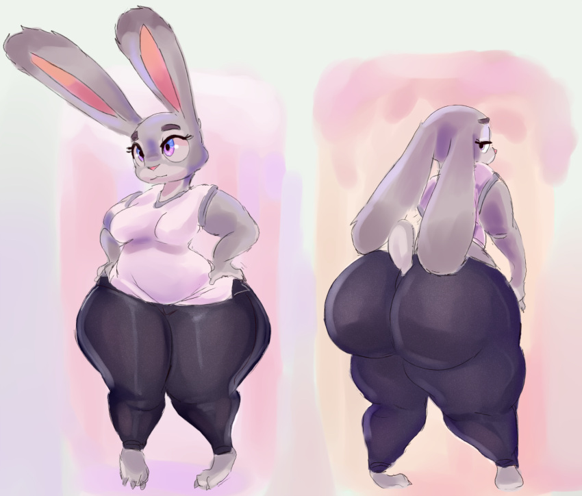 anthro big_butt bottomwear breasts butt clothed clothing curvy_figure disney female fur grey_body grey_fur hands_on_hips hi_res huge_butt huge_hips huge_thighs judy_hopps kiseff lagomorph leporid long_ears looking_at_viewer looking_back looking_back_at_viewer mammal medium_breasts narrowed_eyes overweight overweight_anthro overweight_female pants purple_eyes rabbit rear_view shirt solo thick_thighs tight_clothing topwear voluptuous wide_hips yoga_pants zootopia