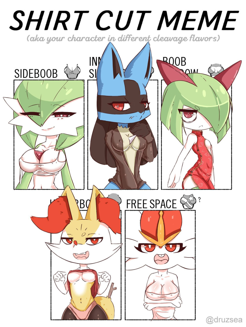 akatosh_el_shota_furro anthro big_breasts braixen breasts cinderace english_text fangs female female/female gardevoir group hair hi_res humanoid kirlia lucario meme nintendo pok&eacute;mon pok&eacute;mon_(species) shirt_cut_meme short_hair slim smile text video_games