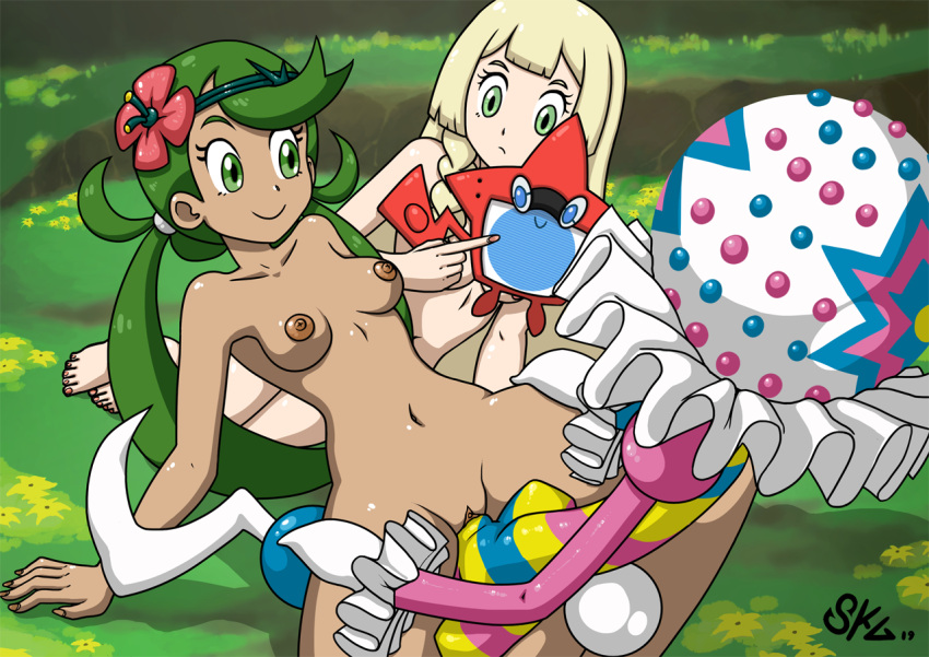 accessory blacephalon blonde_hair breasts dark_body dark_skin erect_nipples female female_penetrated frown genitals grass gravelurkertsk green_eyes green_hair group hair hair_accessory human human_on_humanoid human_penetrated humanoid humanoid_penetrating humanoid_penetrating_human interspecies lillie_(pok&eacute;mon) looking_at_another male male/female male_penetrating male_penetrating_female mammal multicolored_body nintendo nipples not_furry pale_skin penetration plant pointing_at_object pok&eacute;mon pok&eacute;mon_(species) pussy rotom rotom_pok&eacute;dex smile trial_captain_mallow ultra_beast video_games