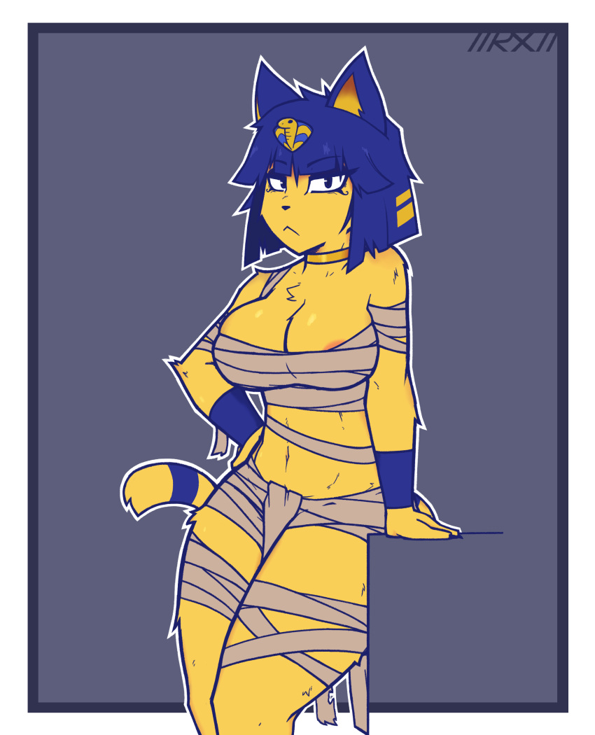 absurd_res akibarx animal_crossing ankha_(animal_crossing) anthro areola areola_slip big_breasts blue_hair breast_squish breasts clothed clothing curvy_figure domestic_cat egyptian egyptian_headdress felid feline felis female fur gold_(metal) gold_jewelry hair hi_res jewelry looking_at_viewer mammal markings mummy_wrappings nintendo partially_clothed short_hair simple_background solo squish striped_markings striped_tail stripes tail_markings thick_thighs uraeus video_games voluptuous yellow_body yellow_fur