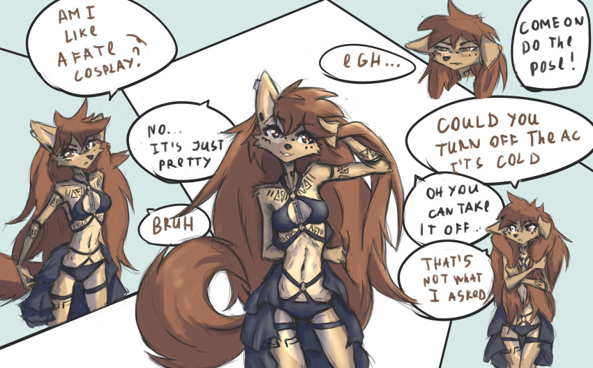anthro apogee_(tinygaypirate) arm_tuft big_hair black_nose bra breasts brown_body brown_eyes brown_fur brown_hair canid canine canis cheek_tuft clothing cowlick crossed_arms curled_tail dialogue domestic_dog ear_piercing english_text eyelashes facial_markings facial_piercing facial_tuft female floppy_ears fur furgonomics furry-specific_piercing gauged_ear hair hand_behind_back head_markings hi_res long_hair looking_aside looking_at_viewer mammal markings messy_hair muzzle_piercing navel nose_piercing open_mouth panties piercing pose raised_arm smile solo speech_bubble spitz standing text thigh_gap tinygaypirate tuft underwear
