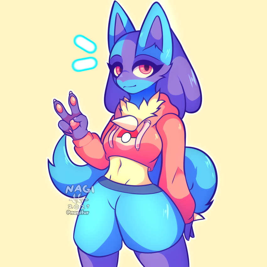 1:1 2021 4_fingers absurd_res anthro biped blue_body blue_fur chest_spike clothing female fingers fur gesture hi_res hoodie looking_at_viewer lucario midriff nagifur nintendo pawpads pok&eacute;mon pok&eacute;mon_(species) red_eyes simple_background solo spikes spikes_(anatomy) standing topwear v_sign video_games