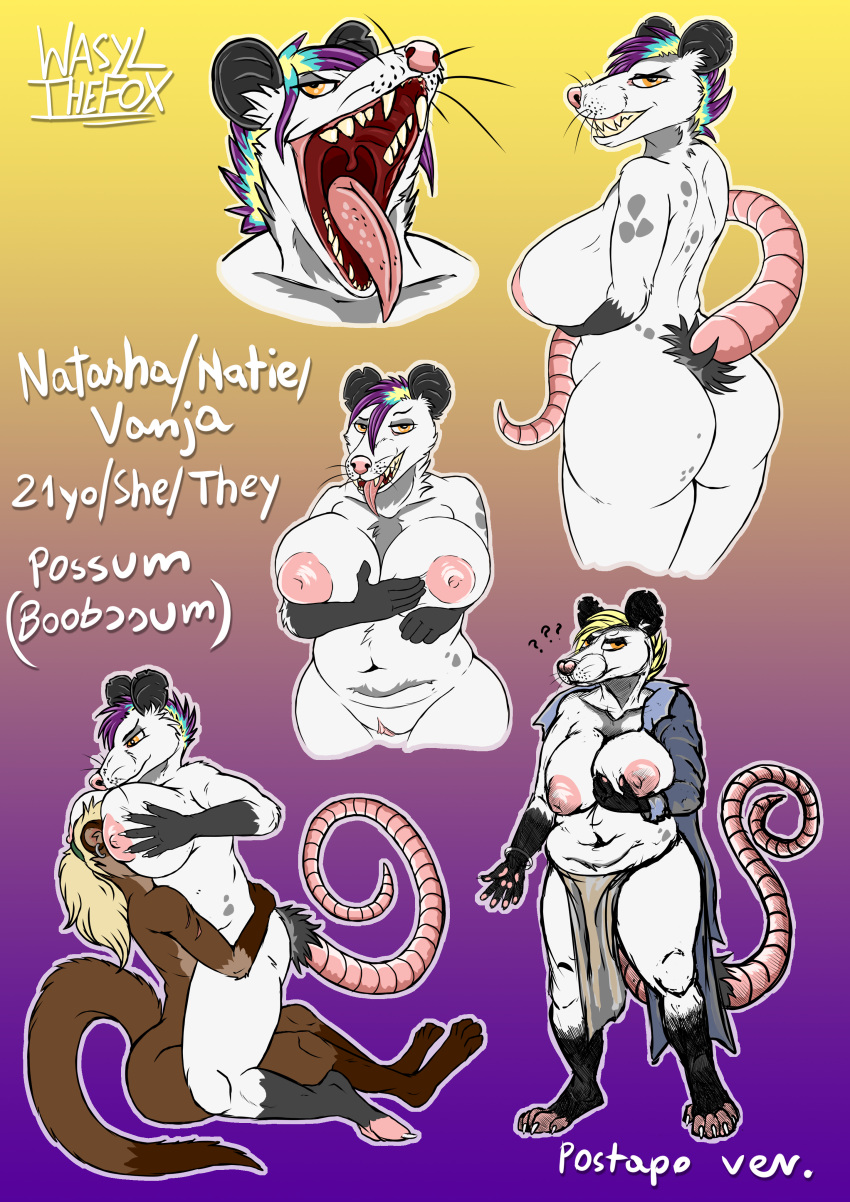 absurd_res animal_humanoid anthro big_breasts big_butt bisexual breast_squish breasts butt didelphid female hi_res horny_(disambiguation) humanoid male mammal mammal_humanoid marsupial marsupial_humanoid model_sheet natasha opossum_anthro phalangeriform phalangeriform_humanoid possumgod post-apocalyptic postapo postapocaliptic punk punk_hair sketch solo squish thick_thighs wasylthefox