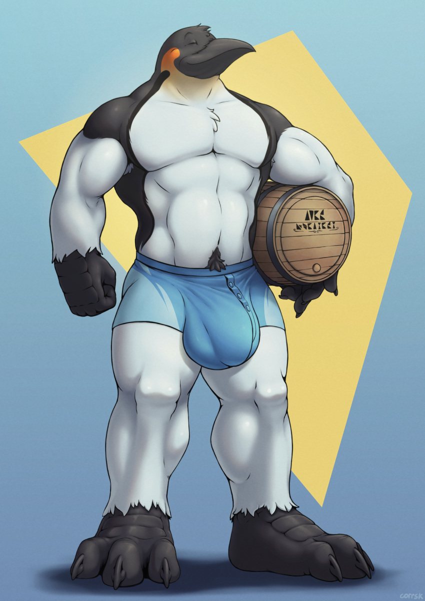 anthro avian balls_outline barrel beak big_bulge big_feet big_muscles bird bottomwear bulge chest_tuft clothed clothing corrsk digital_media_(artwork) eyes_closed feet genital_outline hi_res male muscular muscular_anthro muscular_male paws penguin penis_outline shorts simple_background smile solo swimwear topless tuft