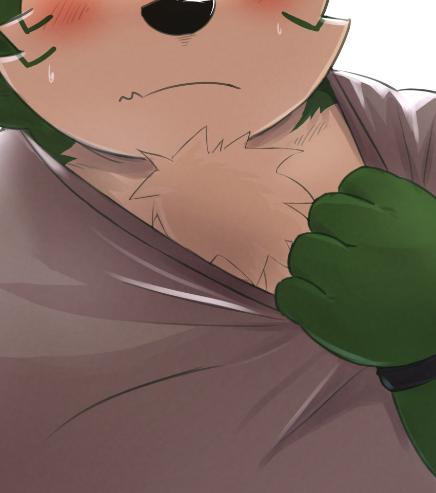 anthro blush bodily_fluids canid canine canis clothing domestic_dog embarrassed exposing_chest fur green_body green_fur hi_res lifewonders live-a-hero male mammal mokdai shirt slightly_chubby solo sweat t-shirt topwear video_games wristband zuboboz