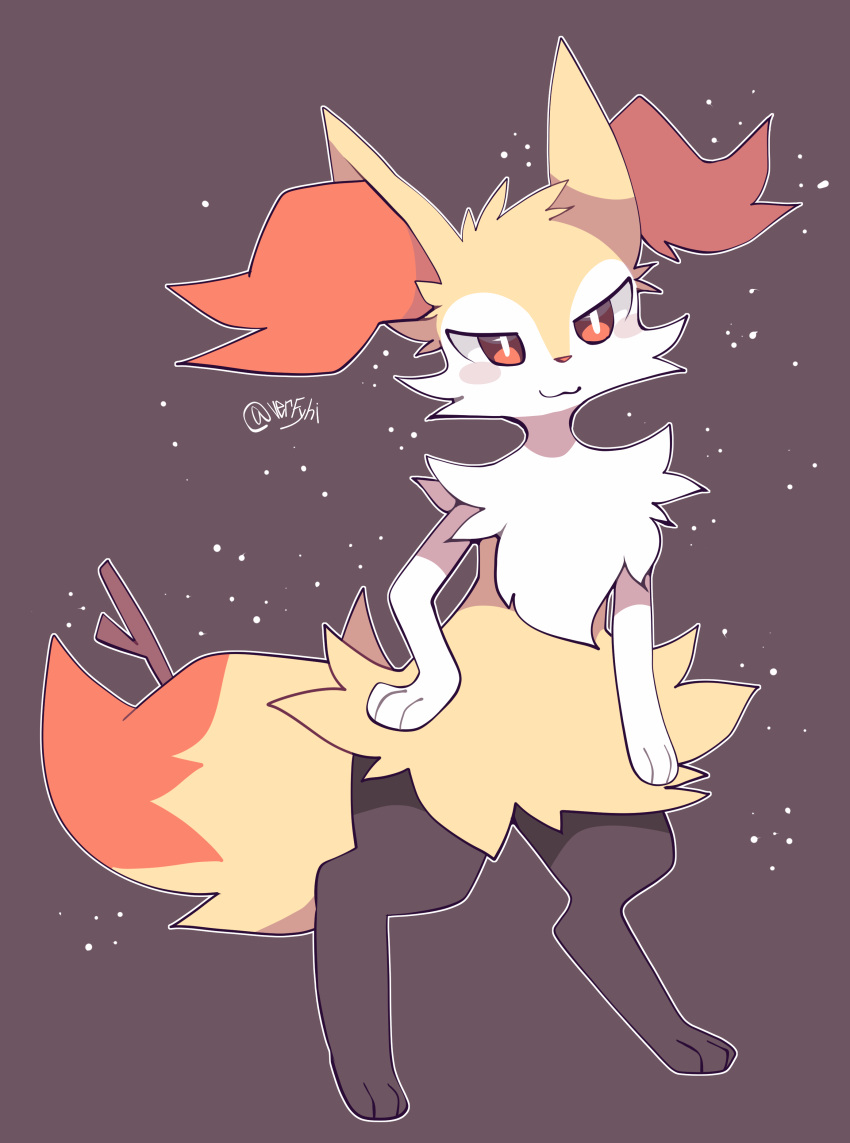 3_fingers 3_toes :3 absurd_res ambiguous_gender anthro biped black_body black_fur braixen brown_background canid canine cheek_tuft chest_tuft digital_media_(artwork) digitigrade dipstick_tail facial_tuft feet fingers fluffy fluffy_chest fluffy_tail front_view full-length_portrait fur hand_on_hip head_tuft hi_res inner_ear_fluff kemono looking_at_viewer mammal markings monotone_ears nintendo nude orange_body orange_fur orange_inner_ear_fluff orange_tail paws pink_nose pok&eacute;mon pok&eacute;mon_(species) portrait pupils red_eyes satori_(verfyhi) semi-anthro shoulder_tuft simple_background smile solo standing stick tail_markings three-quarter_view toes tuft two_tone_tail video_games white_body white_fur white_pupils yellow_body yellow_ears yellow_fur yellow_tail