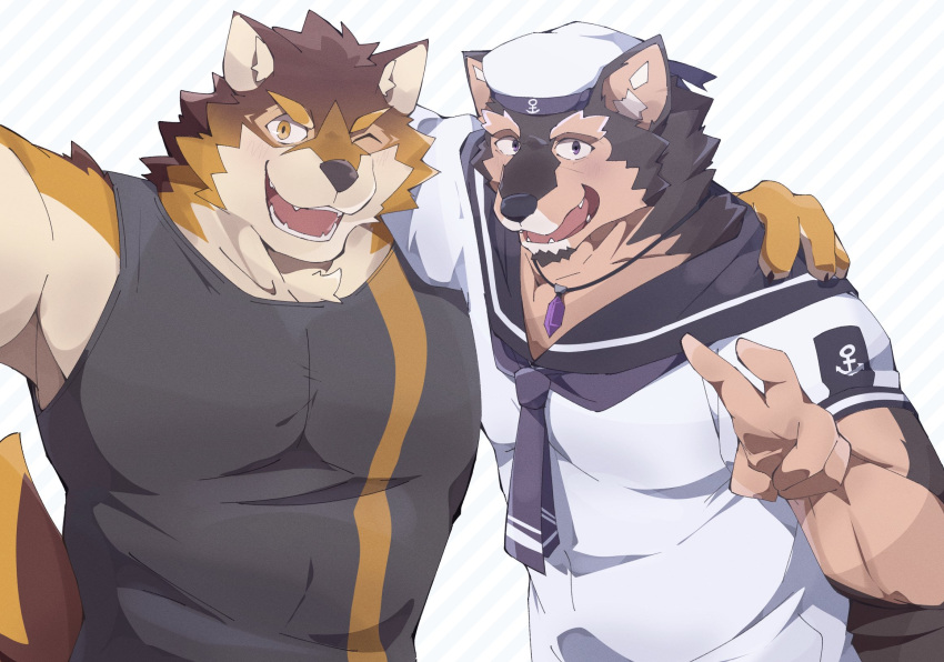 anthro arm_around_shoulders barrel_(live-a-hero) biceps canid canine canis clothing domestic_dog duo hi_res jewelry lifewonders live-a-hero male male/male mammal muscular muscular_anthro muscular_male necklace one_eye_closed pubraseer sailor_hat sailor_uniform sakehabera shirt tank_top topwear video_games wink wolf