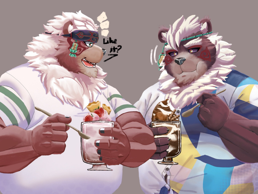 2021 anthro belly black_nose brown_body clothing duo eating english_text hi_res humanoid_hands kemono kimun_kamui_(tas) lhjal2 lifewonders male mammal overweight overweight_male shirt sundae text tokyo_afterschool_summoners topwear ursid video_games wen_kamui_(tas)