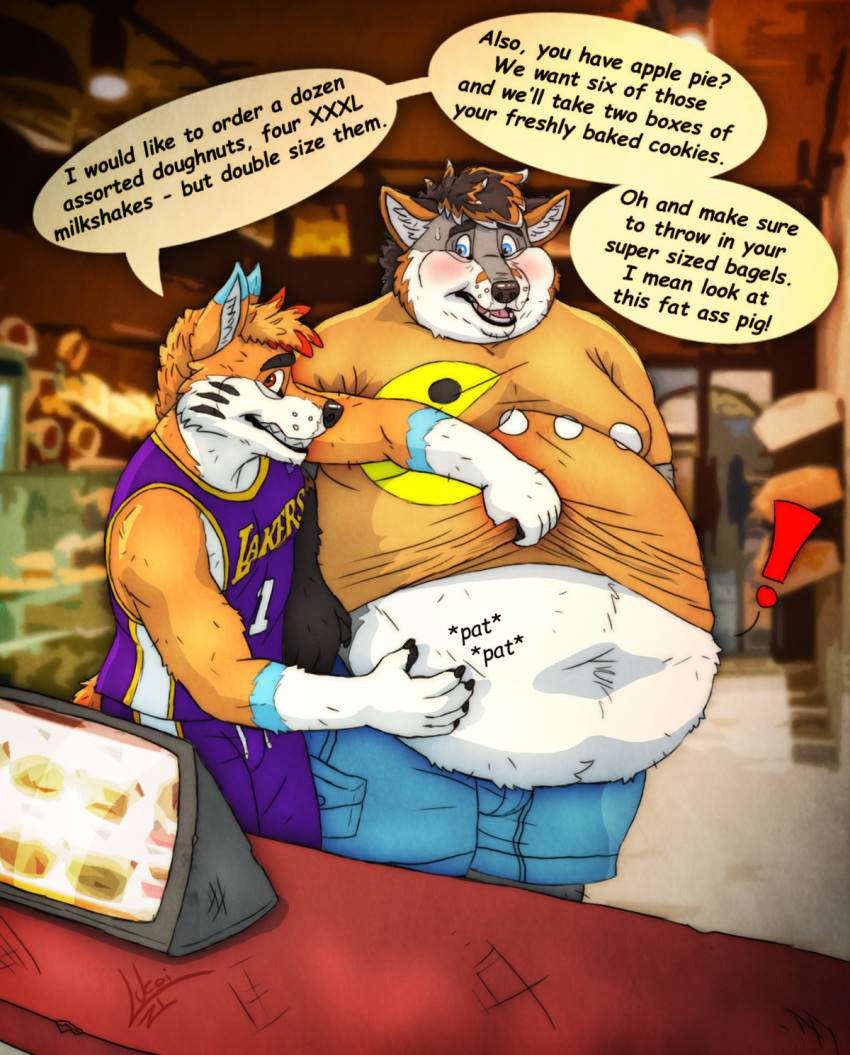 belly_overhang canid canine fox hi_res lukoi male male/male mammal overweight overweight_male patting shopping speech_bubble teasing weight_gain