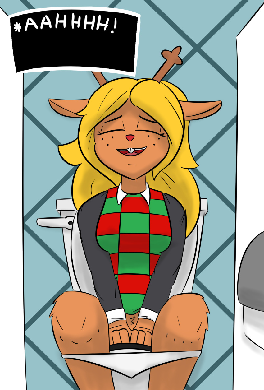 absurd_res anthro antlers bathroom blonde_hair capreoline cervid christmas christmas_clothing christmas_sweater christmas_topwear clothed clothing deltarune digital_media_(artwork) english_text female freckles hair hi_res holidays horn mammal noelle_holiday notmypornaccount open_mouth panties reindeer relieved sitting smile solo sweater teeth text text_box toilet toilet_paper toilet_use topwear undertale_(series) underwear video_games
