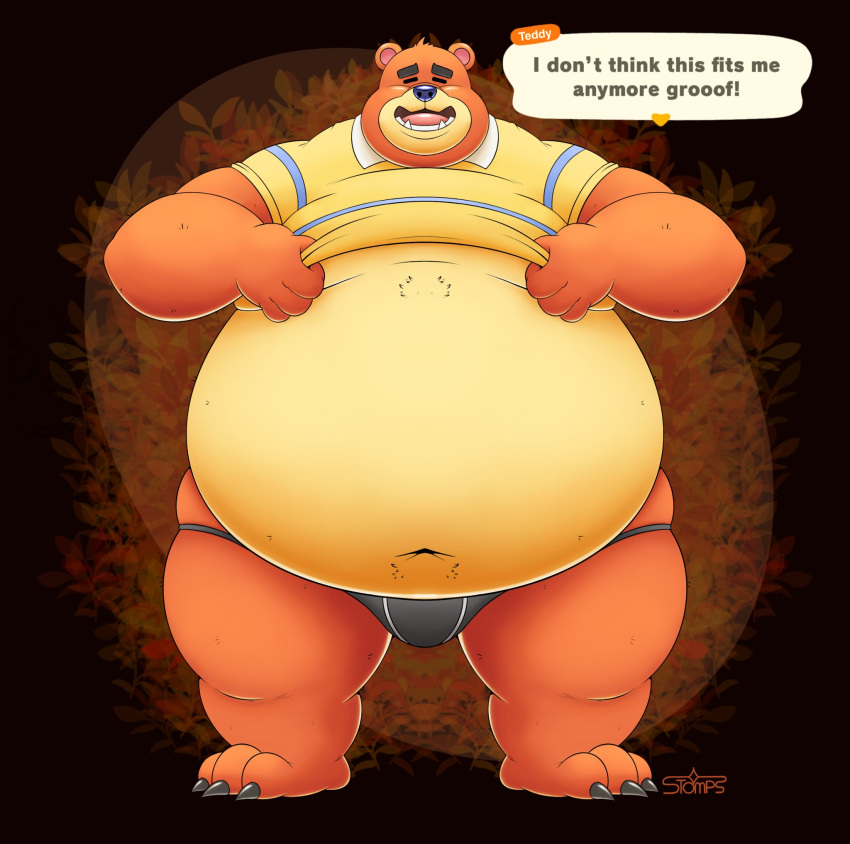 2021 animal_crossing anthro belly big_belly blush clothing english_text eyes_closed hi_res humanoid_hands male mammal navel nintendo orange_body overweight overweight_male shirt solo stompsthecroc teddy_(animal_crossing) text topwear underwear ursid video_games
