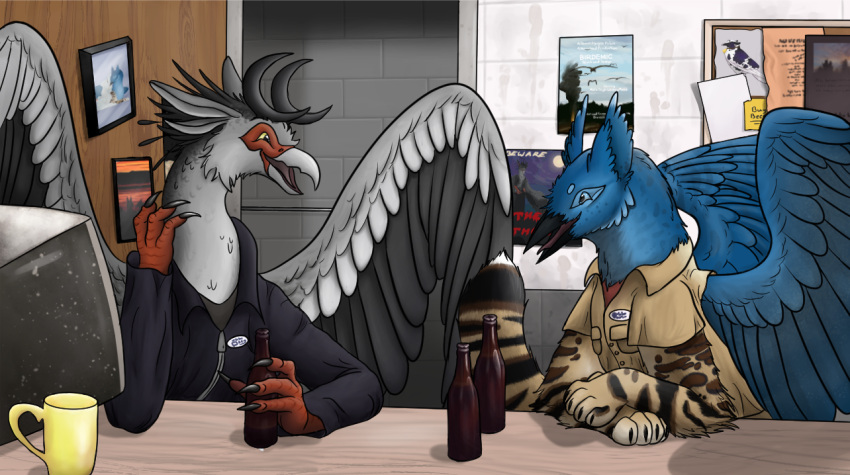 accipitriform alcohol ambiguous_gender anthro archgryphon avian beak beer beverage bird blue_body blue_eyes blue_jay celestial_orca claws clothed clothing corvid curved_horn detailed_background digital_media_(artwork) duo feathered_crest feathers fur grey_body grey_feathers grey_fur gryphon head_crest himeli horn jay_(bird) male multi_ear mythological_avian mythology new_world_jay open_mouth oscine passerine paws pupils redlettermedia secretary_bird sekr sekr-et-tiar_(sekr) slit_pupils smile talon_hands talons wings yellow_eyes