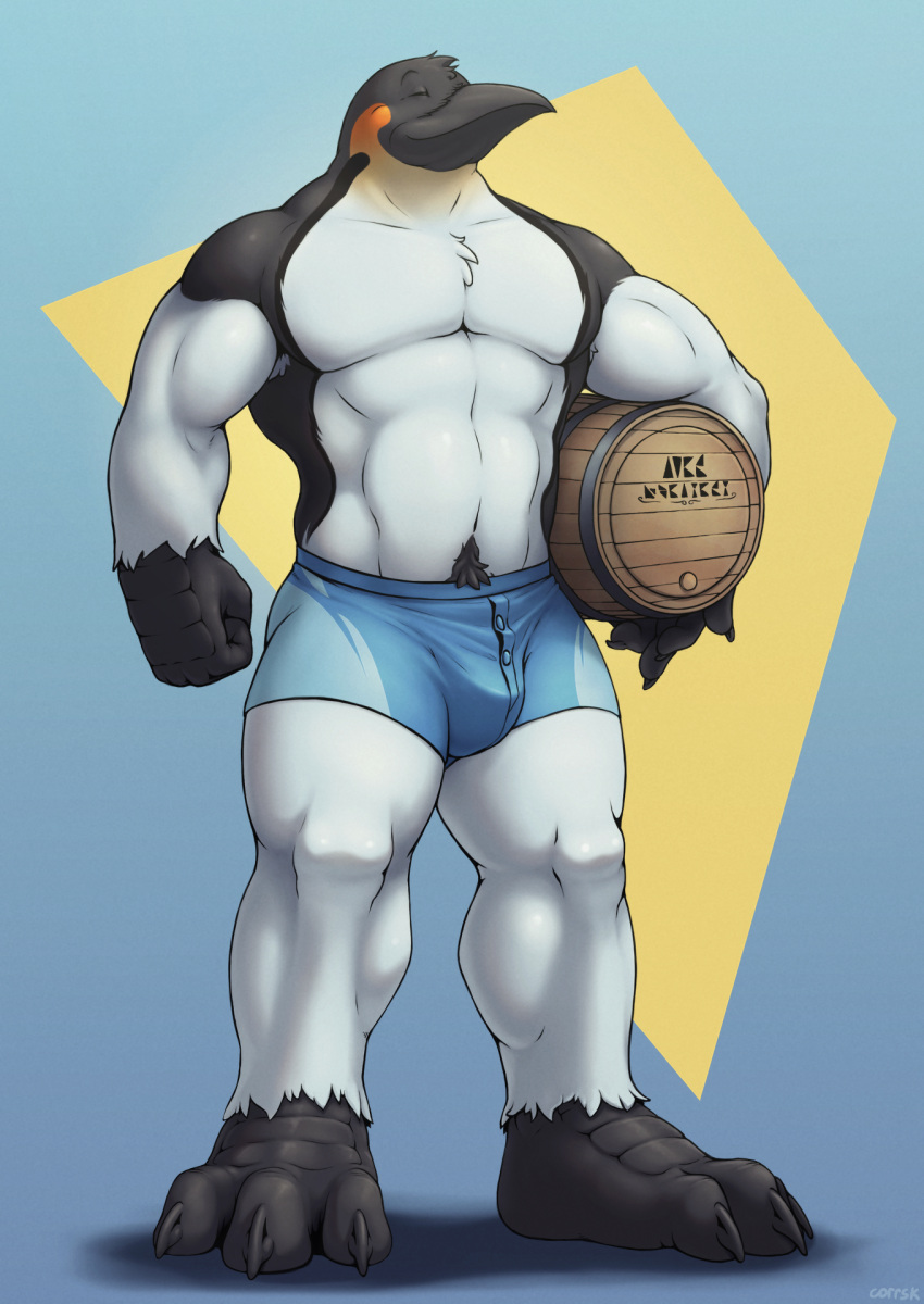 anthro avian barrel beak big_feet big_muscles bird body_hair bottomwear bulge chest_tuft clothed clothing corrsk digital_media_(artwork) eyes_closed feet happy_trail hi_res male muscular muscular_anthro muscular_male paws penguin shorts simple_background smile solo swimwear topless tuft