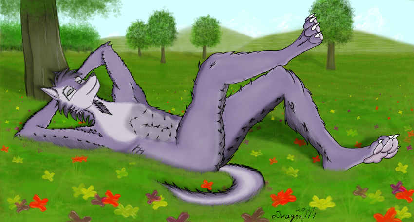 absurd_res anthro canid canine canis dragon171 flower grass hi_res male mammal plant solo tree wolf