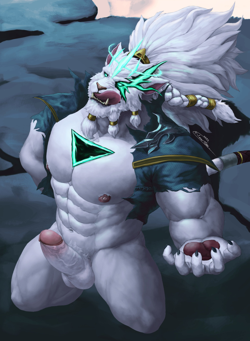 absurd_res anthro balls clothing erection felid genitals half_naked hi_res humanoid humanoid_genitalia humanoid_penis indy_newton2305 league_of_legends lion male mammal muscular muscular_male nipples pantherine pecs penis rengar_(lol) riot_games solo tongue tongue_out torn_clothing vein video_games