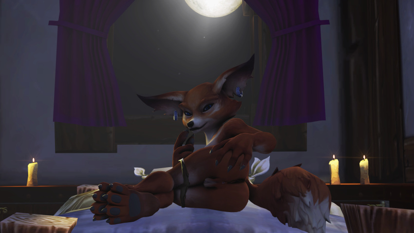 anthro anus bed bedroom_eyes blizzard_entertainment butt candlelight canid clothed clothing female furniture genitals grumpyirish hi_res humanoid light looking_at_viewer lying mammal moonlight narrowed_eyes on_side partially_clothed paws presenting presenting_anus presenting_hindquarters presenting_pussy pussy seductive solo underwear underwear_down video_games vulpera warcraft