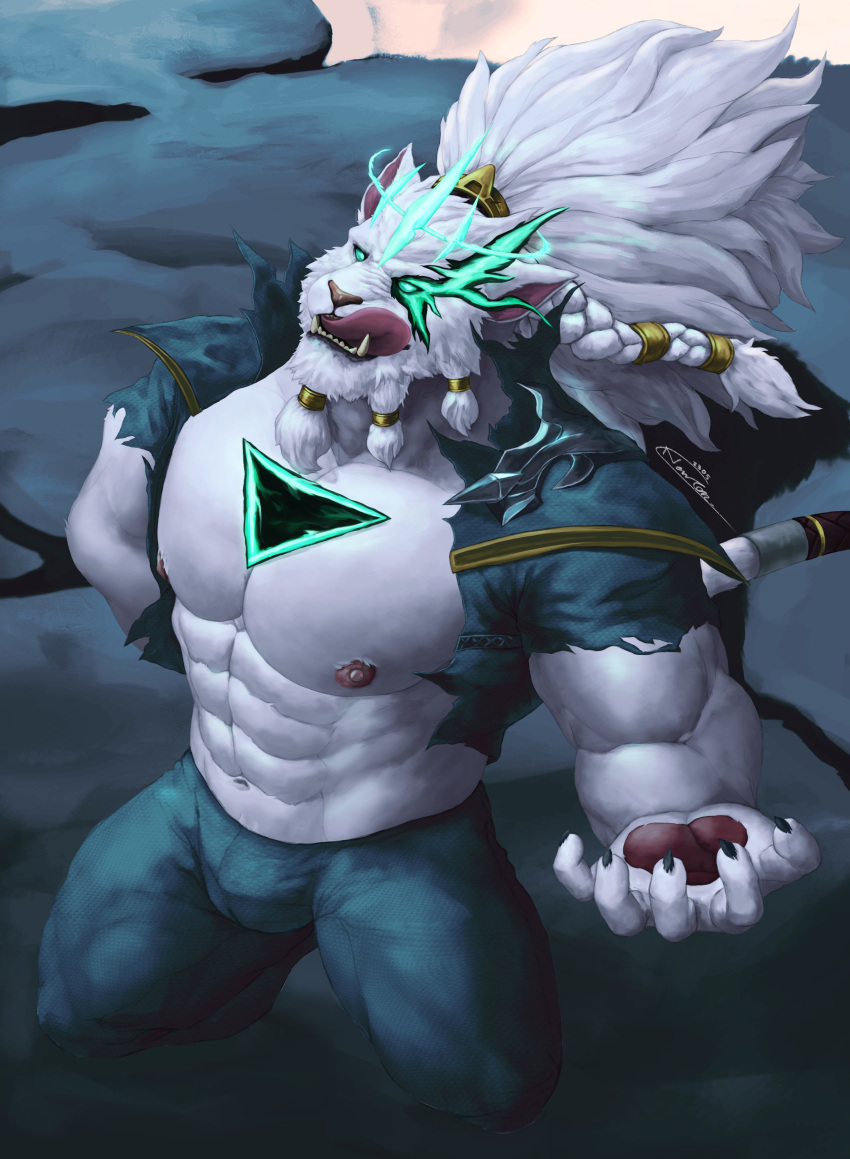 absurd_res anthro bulge clothing felid hi_res humanoid indy_newton2305 league_of_legends lion male mammal muscular muscular_male nipples pantherine pecs rengar_(lol) riot_games solo tongue tongue_out torn_clothing video_games