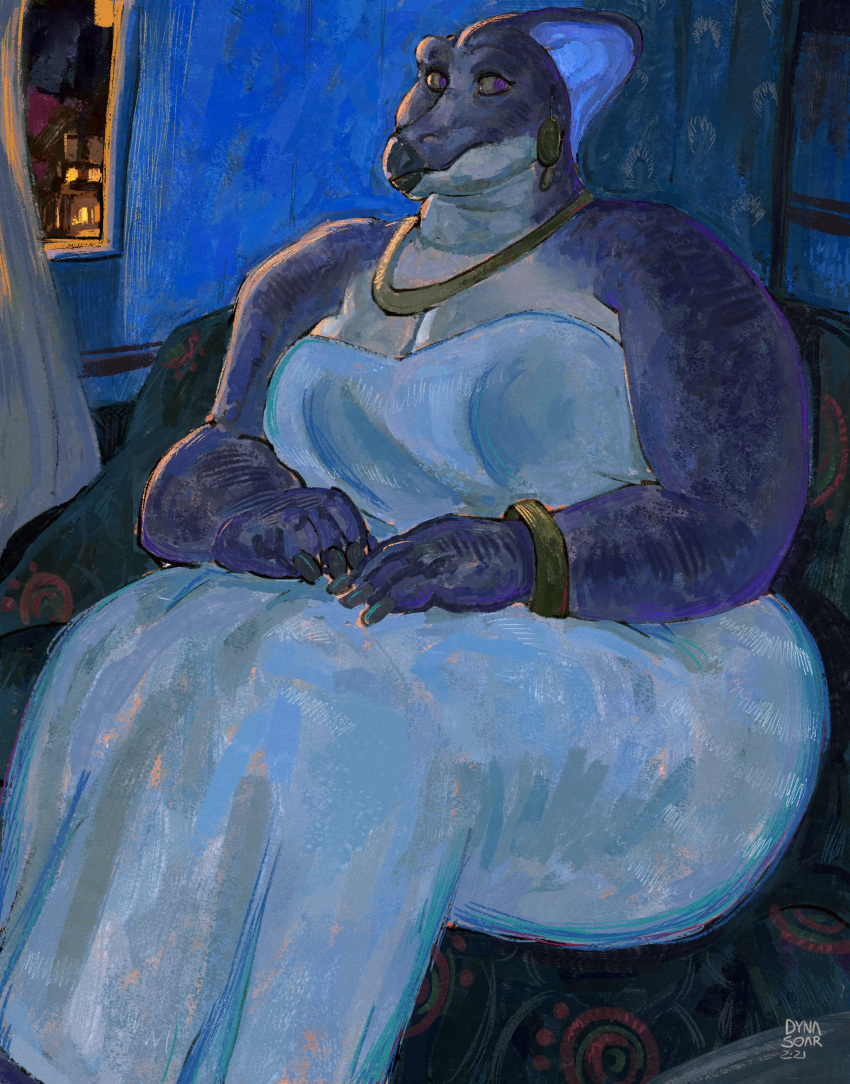 2021 anthro beak big_breasts big_butt breasts butt cleavage clothed clothing curvy_figure digital_media_(artwork) dinosaur dress dyna_soar ear_piercing ear_ring expressionism female fin furniture hands_on_lap head_crest head_fin hi_res inside jewelry nails necklace night open_window overweight painting_(artwork) piercing portrait purple_body purple_eyes purple_scales reptile saurian_(disambiguation) scales scalie signature sitting sofa solo strapless_clothing strapless_dress traditional_media_(artwork) white_clothing white_dress