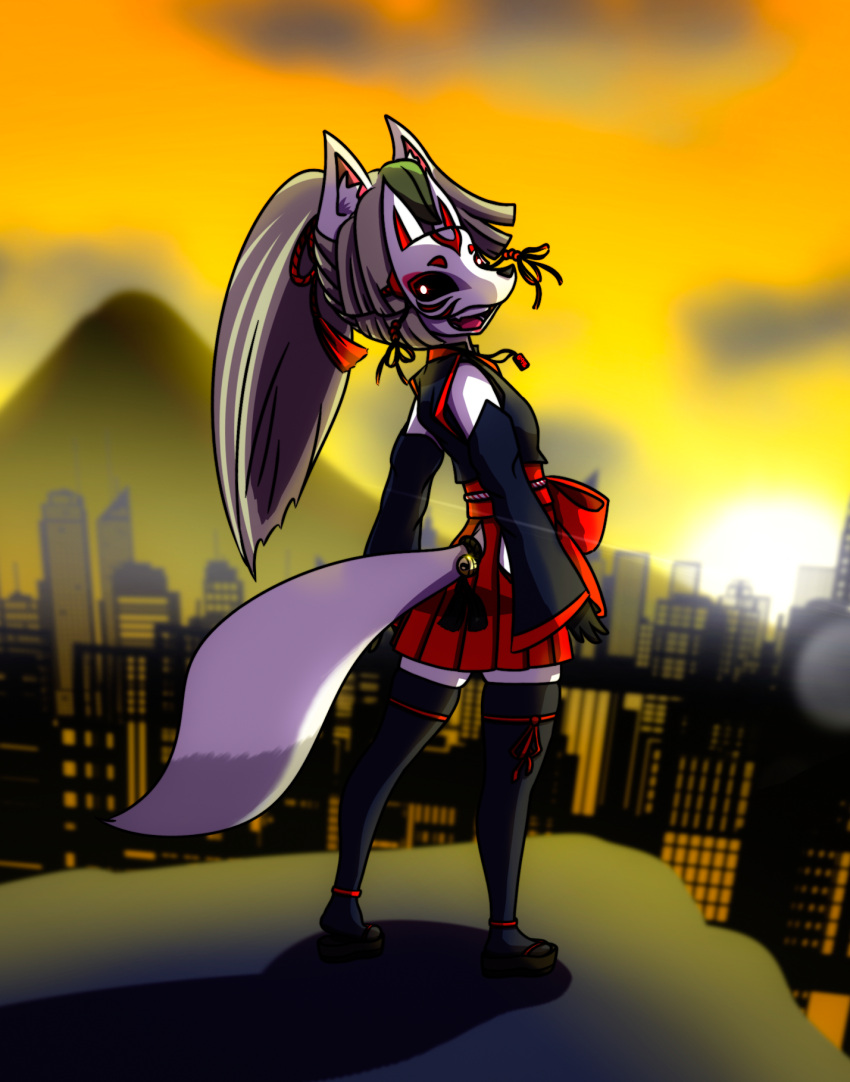 animal_mask anthro asian_clothing askknight bell canid canine city city_background clothed clothing digital_media_(artwork) east_asian_clothing female fox fox_mask fur hair hi_res japanese_clothing kitsune_(character) looking_at_viewer mammal mask open_mouth shrine_maiden smile solo white_body white_fur young