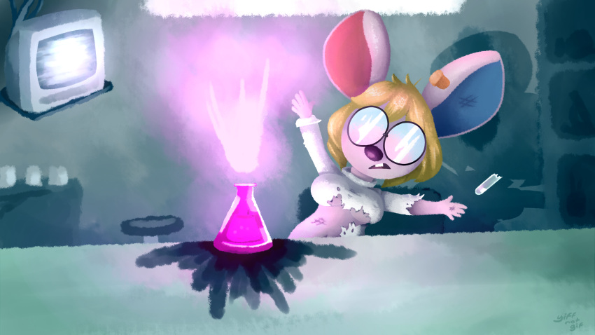 animal_crossing bright clothing explosion female flask hi_res laboratory mammal mouse murid murine nintendo petri_(animal_crossing) rodent science surprise television torn_clothing video_games yiffnotgif