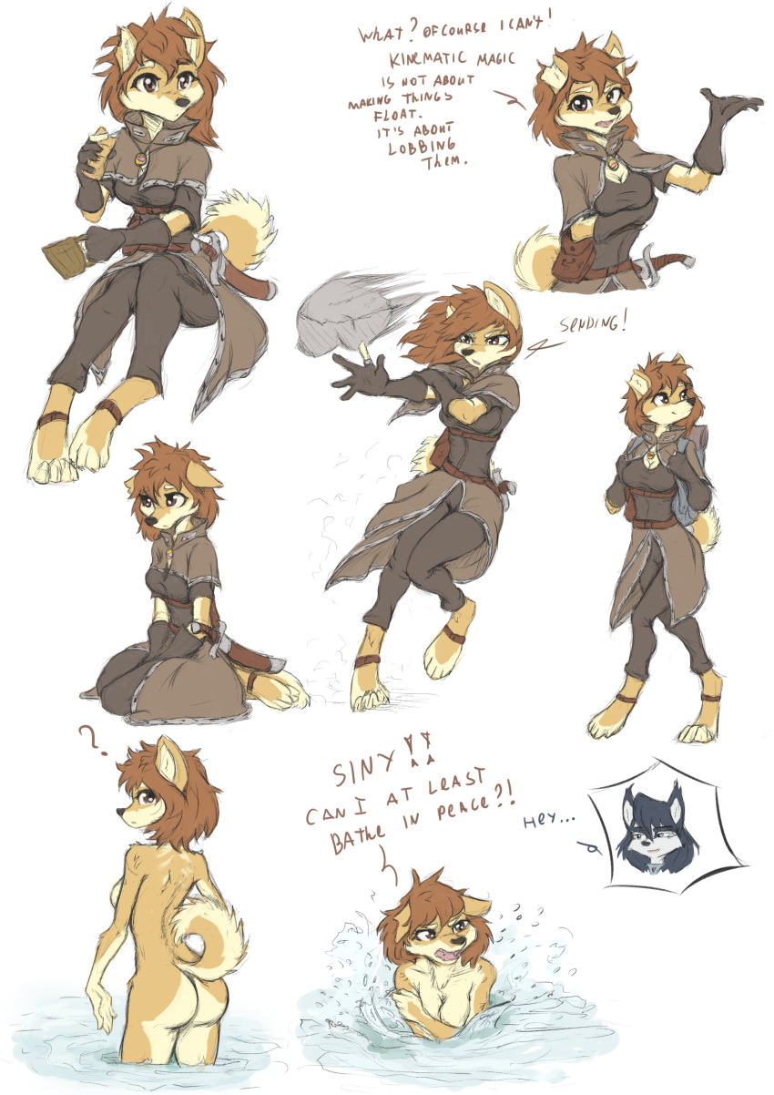 4_toes ? absurd_res anthro anya_(tinygaypirate) arm_under_breasts black_nose blue_eyes breasts brown_body brown_eyes brown_fur brown_hair butt canid canine cleavage clothed clothing covering covering_self cowlick curled_tail cut_ear cutaway dialogue digitigrade ear_tuft english_text eyebrow_through_hair eyebrows feet female fingerless_gloves food fur gloves grey_hair hair hand_on_arm hands_on_legs handwear hi_res holding_food holding_object jewelry kneeling long_hair looking_aside looking_at_viewer looking_back mammal melee_weapon messy_hair motion_lines necklace nude open_mouth raised_arm raised_leg rock scabbard side_boob simple_background siny_(tinygaypirate) sitting smile solo standing sword teeth text tinygaypirate toes translucent translucent_hair tuft walking water weapon wet white_background white_body white_fur
