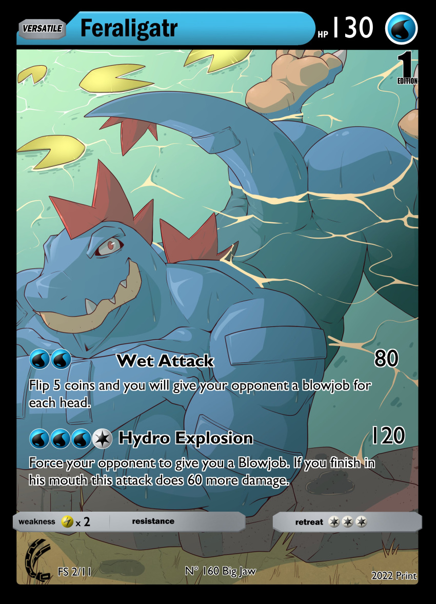 absurd_res anthro anthrofied blue_body blue_scales butt card_game claws crocodilian english_text fangs feraligatr gaming hi_res male muscular muscular_anthro muscular_male nintendo partially_submerged pok&eacute;mon pok&eacute;mon_(species) pokemon_card reptile scales scalie solo swimming text video_games zipperhyena