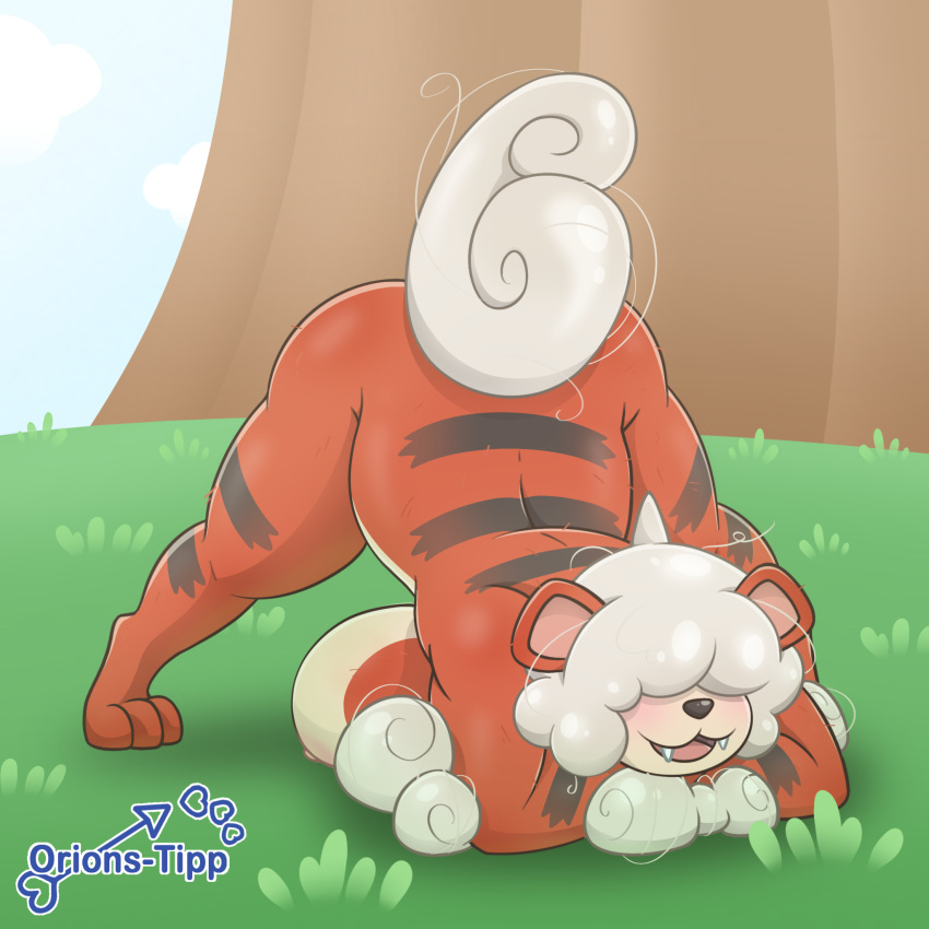 :3 anthro big_breasts blush breasts breasts_on_ground fangs female grass hair_over_eyes hi_res hisuian_growlithe huge_breasts jack-o'_pose nintendo nude orions-tipp plant pok&eacute;mon pok&eacute;mon_(species) pose solo video_games